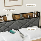 Upholstered Metal Platform Bed with Charging Station and Storage Shelf