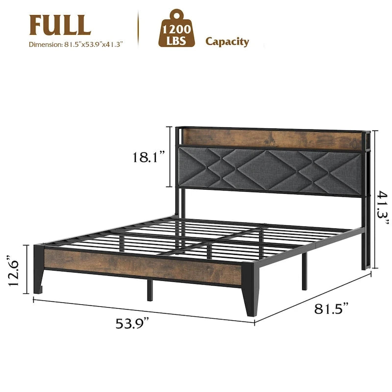 Upholstered Metal Platform Bed with Charging Station and Storage Shelf
