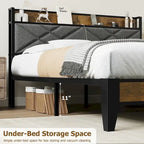 Upholstered Metal Platform Bed with Charging Station and Storage Shelf