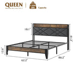 Upholstered Metal Platform Bed with Charging Station and Storage Shelf