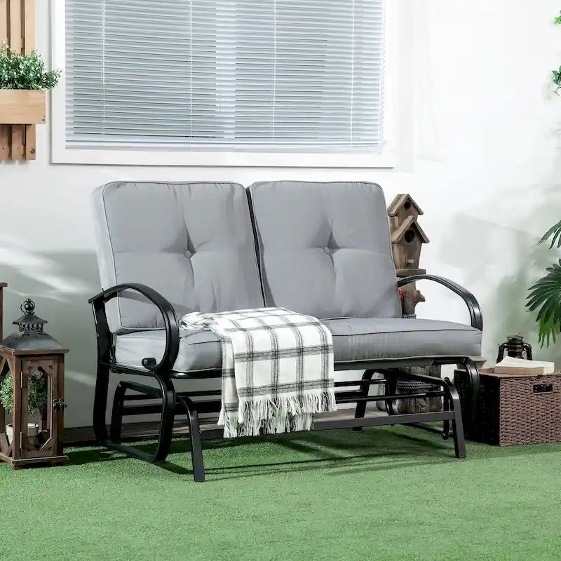 Outsunny Outdoor Glider Bench, 2-Person Patio Rocker Loveseat with Tufted Cushions, Steel Frame for Porch, Garden Backyard, Gray
