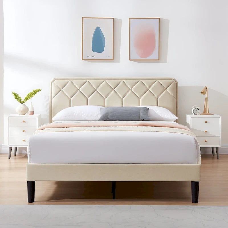 VECELO Upholstered Bed Frame with Adjustable Height Headboard, Twin/Full/Queen Size Beds, Beige