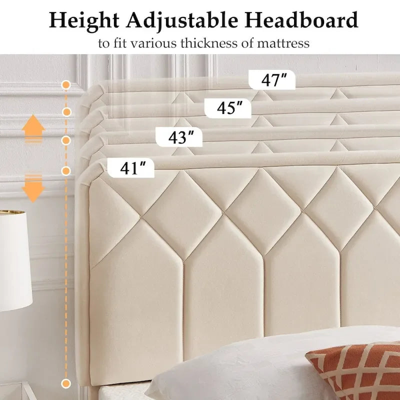 VECELO Upholstered Bed Frame with Adjustable Height Headboard, Twin/Full/Queen Size Beds, Beige