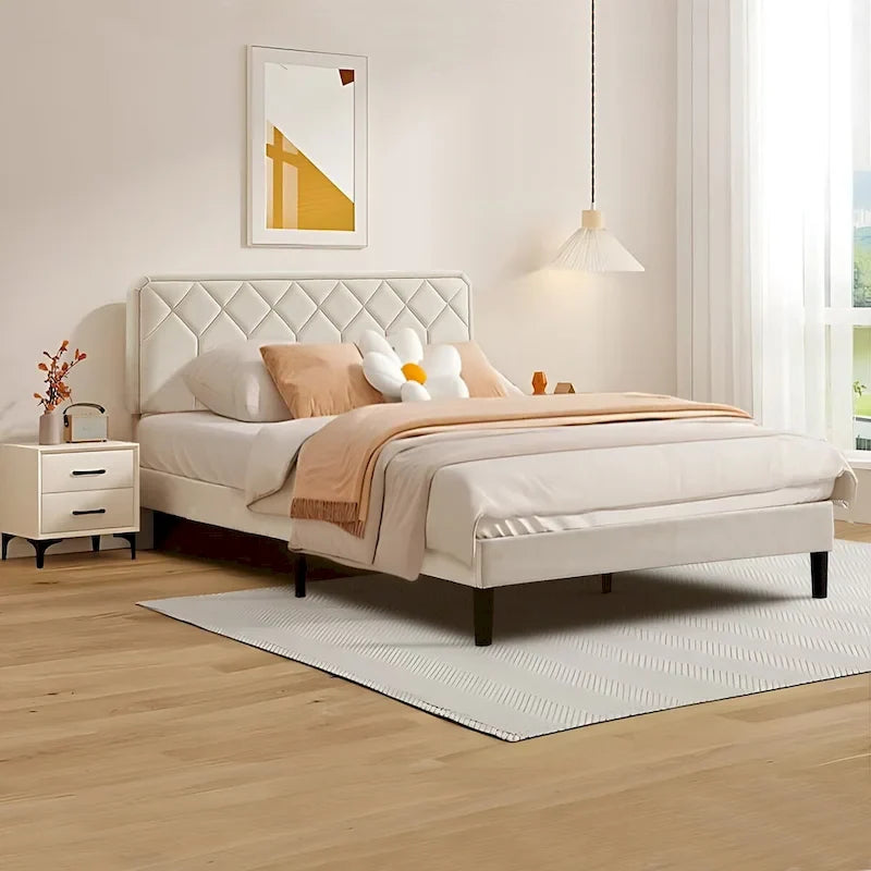 VECELO Upholstered Bed Frame with Adjustable Height Headboard, Twin/Full/Queen Size Beds, Beige