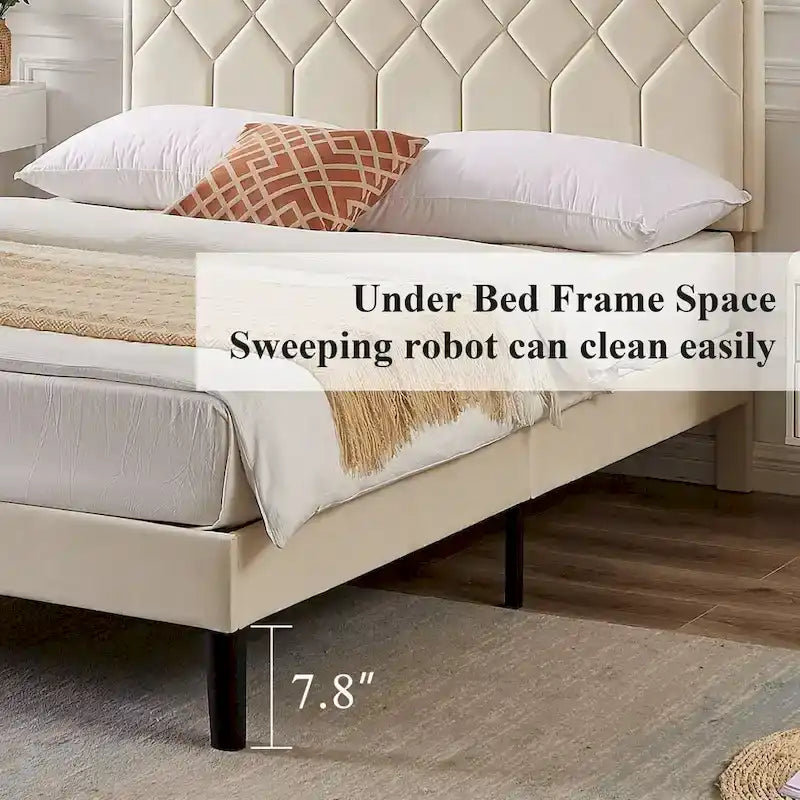 VECELO Upholstered Bed Frame with Adjustable Height Headboard, Twin/Full/Queen Size Beds, Beige