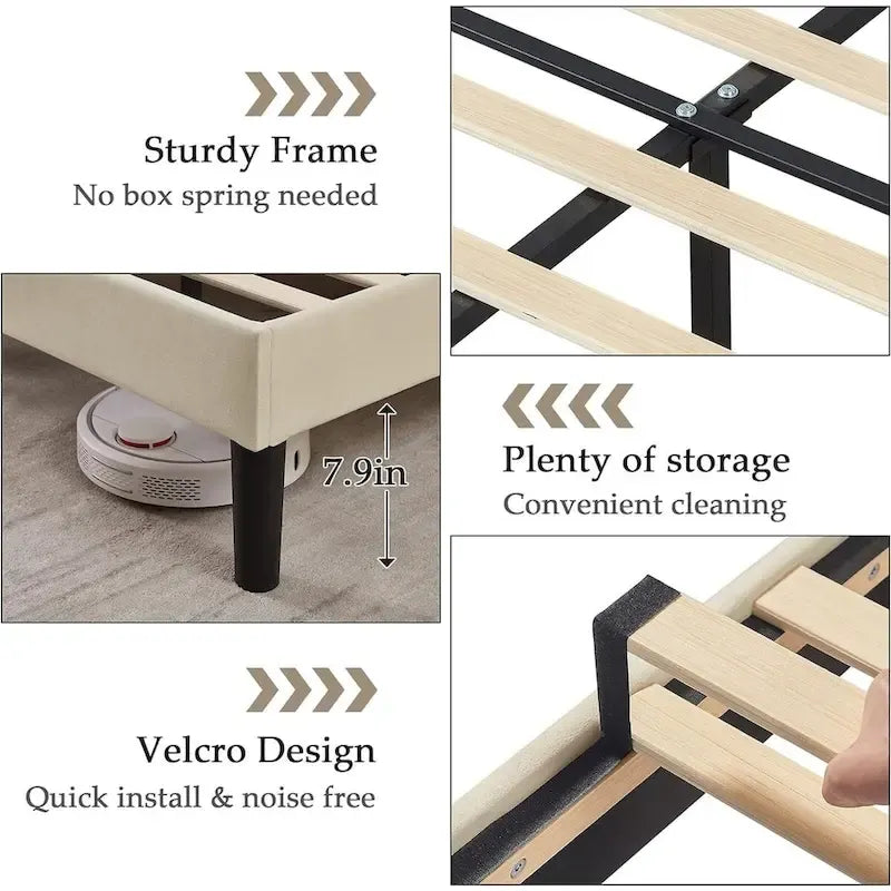VECELO Upholstered Bed Frame with Adjustable Height Headboard, Twin/Full/Queen Size Beds, Beige