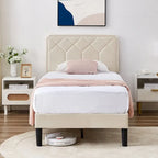 VECELO Upholstered Bed Frame with Adjustable Height Headboard, Twin/Full/Queen Size Beds, Beige