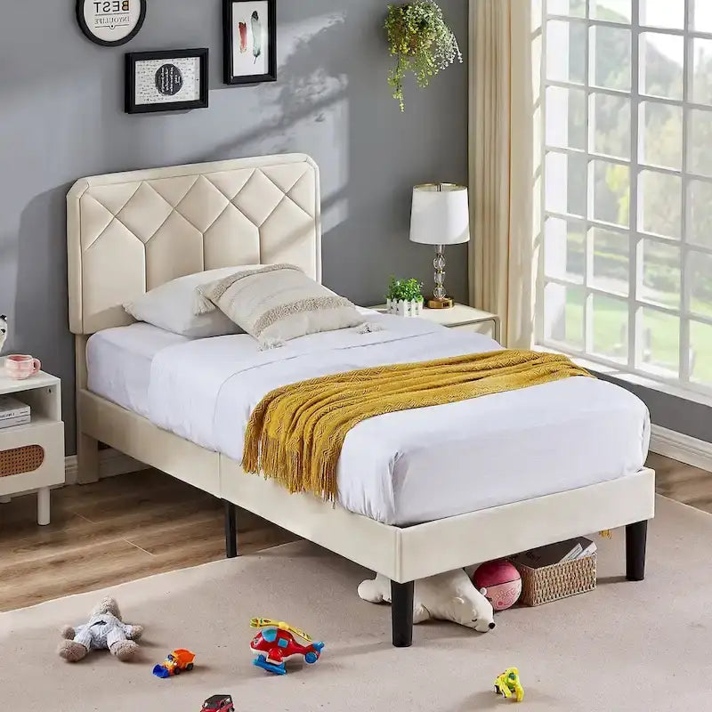 VECELO Upholstered Bed Frame with Adjustable Height Headboard, Twin/Full/Queen Size Beds, Beige