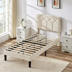 VECELO Upholstered Bed Frame with Adjustable Height Headboard, Twin/Full/Queen Size Beds, Beige