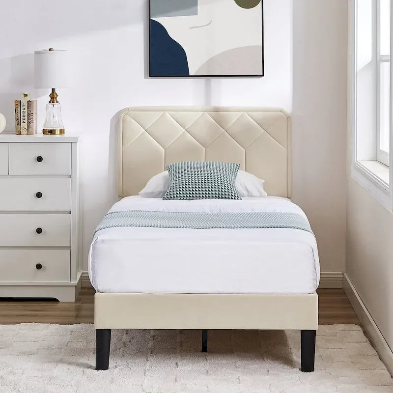 VECELO Upholstered Bed Frame with Adjustable Height Headboard, Twin/Full/Queen Size Beds, Beige