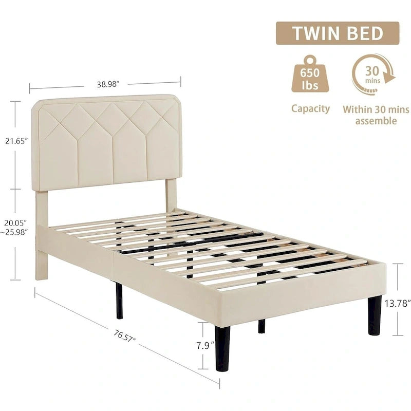 VECELO Upholstered Bed Frame with Adjustable Height Headboard, Twin/Full/Queen Size Beds, Beige