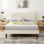 VECELO Upholstered Bed Frame with Adjustable Height Headboard, Twin/Full/Queen Size Beds, Beige