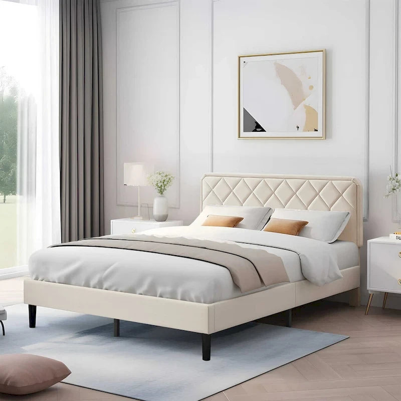 VECELO Upholstered Bed Frame with Adjustable Height Headboard, Twin/Full/Queen Size Beds, Beige