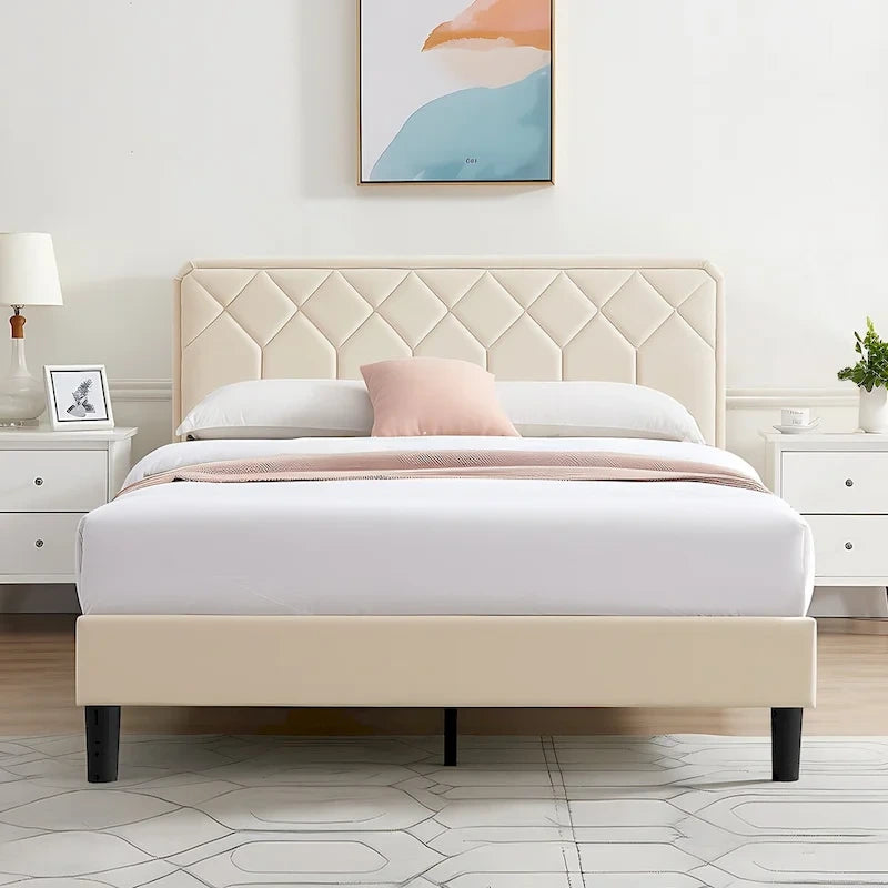 VECELO Upholstered Bed Frame with Adjustable Height Headboard, Twin/Full/Queen Size Beds, Beige