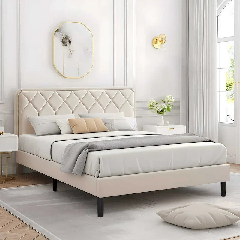 VECELO Upholstered Bed Frame with Adjustable Height Headboard, Twin/Full/Queen Size Beds, Beige