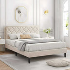 VECELO Upholstered Bed Frame with Adjustable Height Headboard, Twin/Full/Queen Size Beds, Beige