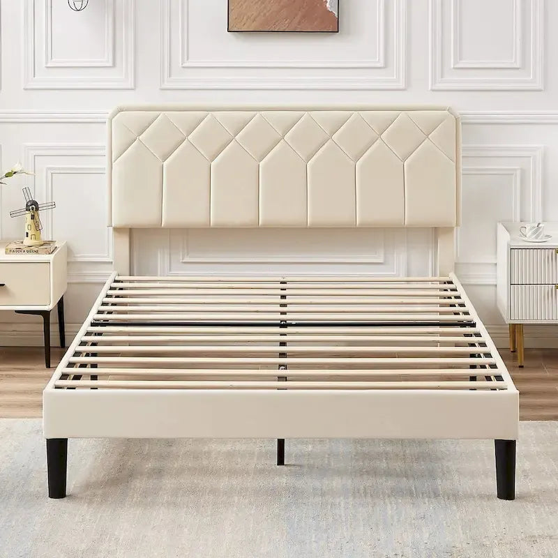 VECELO Upholstered Bed Frame with Adjustable Height Headboard, Twin/Full/Queen Size Beds, Beige