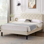 VECELO Upholstered Bed Frame with Adjustable Height Headboard, Twin/Full/Queen Size Beds, Beige