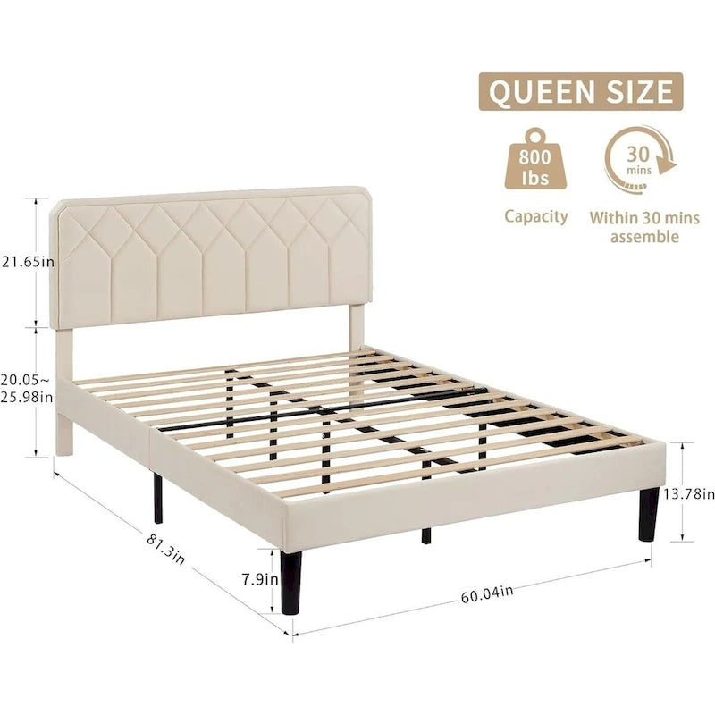 VECELO Upholstered Bed Frame with Adjustable Height Headboard, Twin/Full/Queen Size Beds, Beige