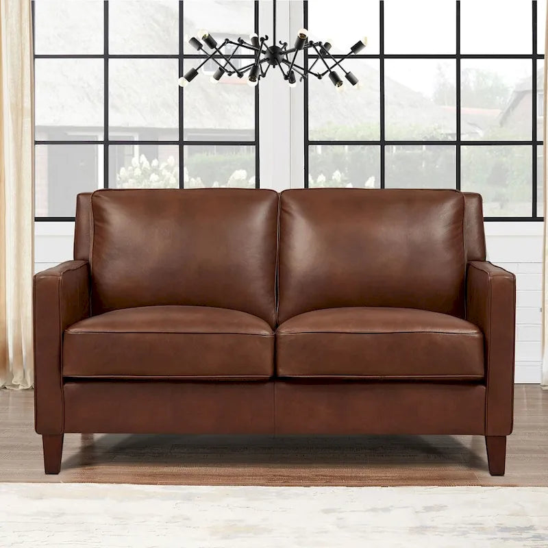 Hydeline Ashby Top Grain Leather Loveseat With Feather, Memory Foam and Springs