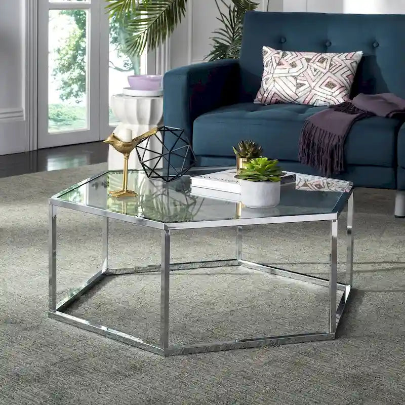 SAFAVIEH Kaycee Glass Chrome Hexagon Coffee Table - 36.2 x 31.5 x 13.8 - 36Wx32Dx14H