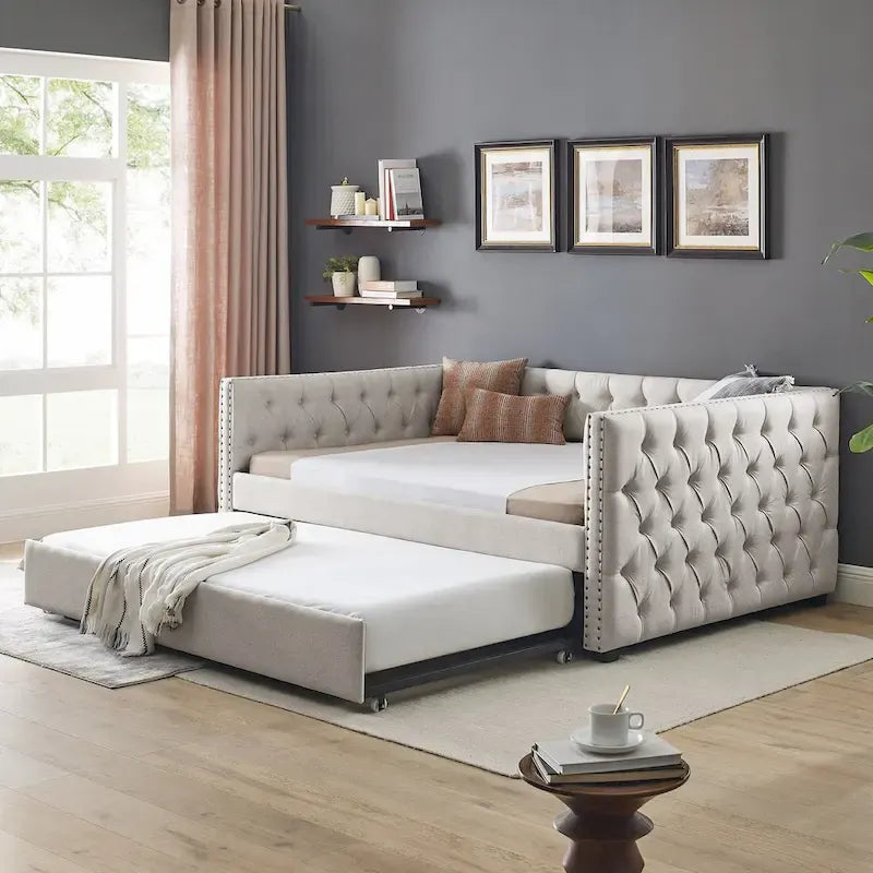 Full Size Upholstered Daybed Sofa Bed with Twin Size Trundle