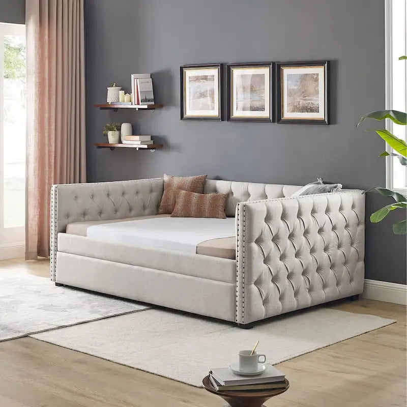Full Size Upholstered Daybed Sofa Bed with Twin Size Trundle