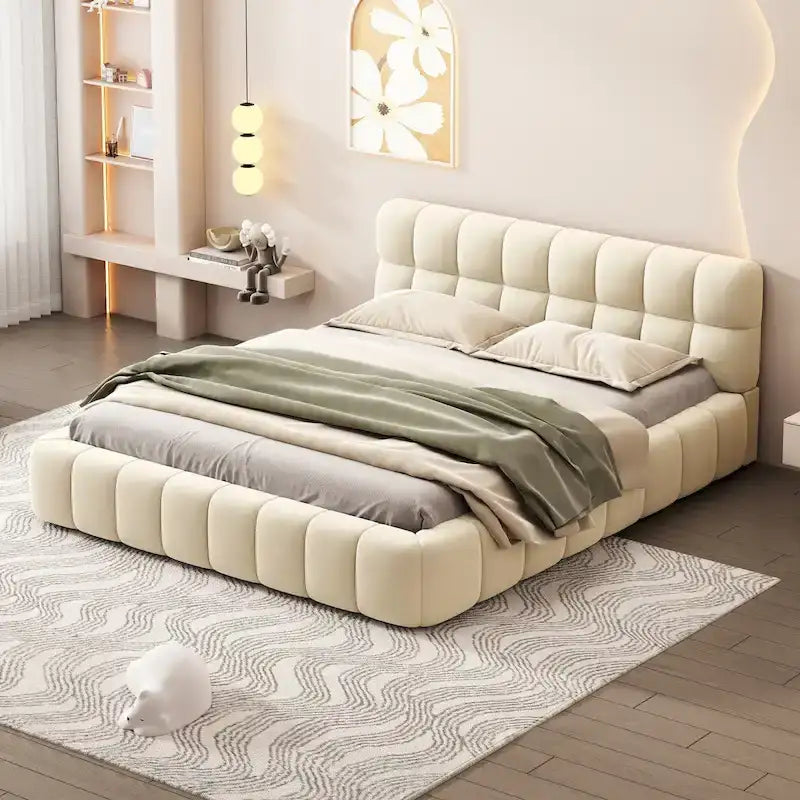 Queen Size Upholstered Platform Bed with Thick Fabric, Grounded Bed with Solid Frame