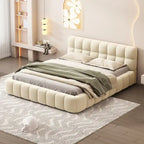 Queen Size Upholstered Platform Bed with Thick Fabric, Grounded Bed with Solid Frame