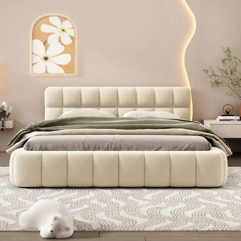 Queen Size Upholstered Platform Bed with Thick Fabric, Grounded Bed with Solid Frame
