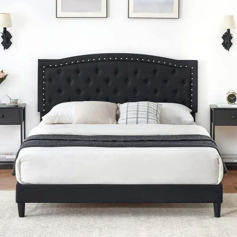 Tufted Velvet Upholstered Low Profile Standard Bed Platform Bed Frame