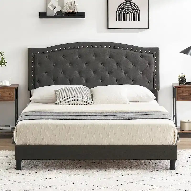 Tufted Velvet Upholstered Low Profile Standard Bed Platform Bed Frame