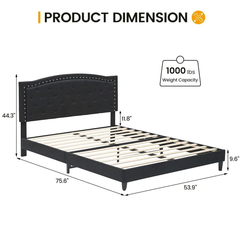 Tufted Velvet Upholstered Low Profile Standard Bed Platform Bed Frame