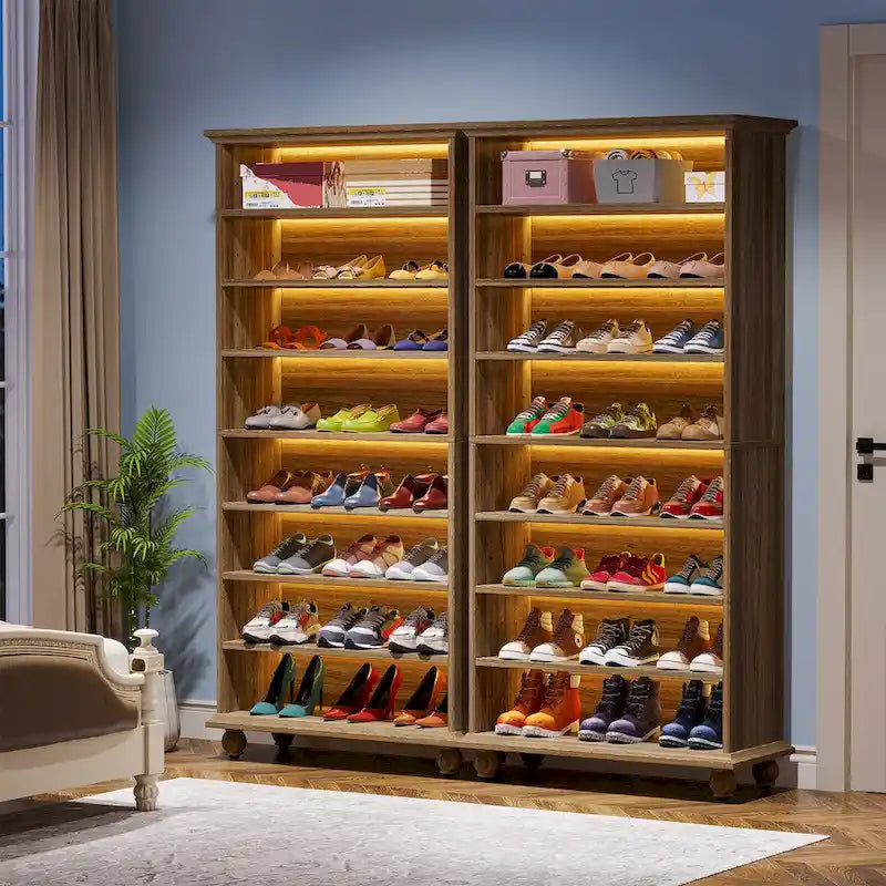 Narrow Tall Shoe Cabinet with LED Lighting, 9-Tier 30 Pairs Freestanding Shoes Storage Cabinet