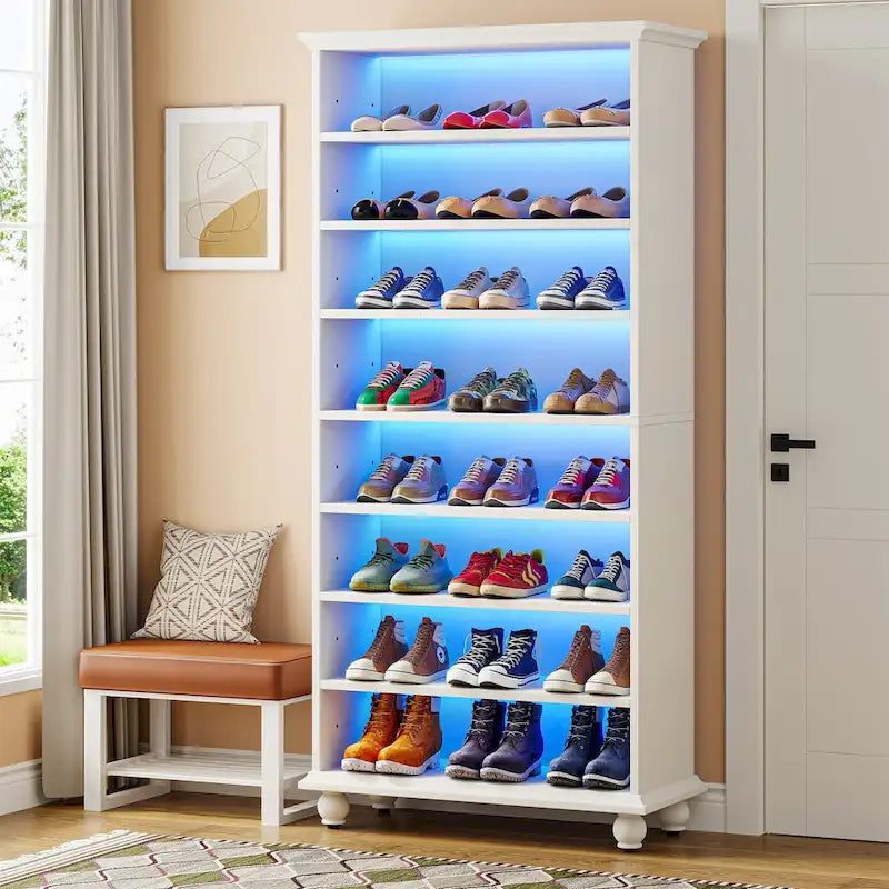 Narrow Tall Shoe Cabinet with LED Lighting, 9-Tier 30 Pairs Freestanding Shoes Storage Cabinet