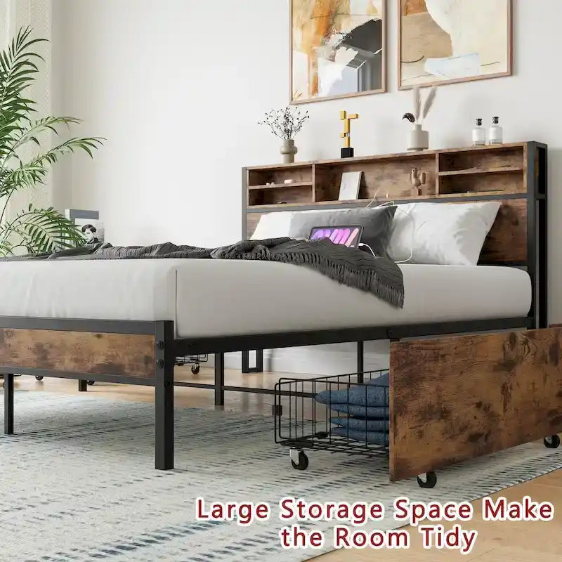 Queen Bed Frame with Storage Headboard and 4 Drawers