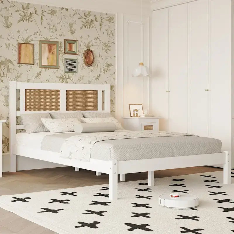 Full Size Wooden Platform Bed with Natural Rattan Headboard