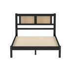 Full Size Wooden Platform Bed with Natural Rattan Headboard