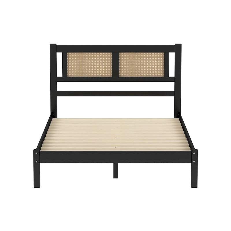 Full Size Wooden Platform Bed with Natural Rattan Headboard