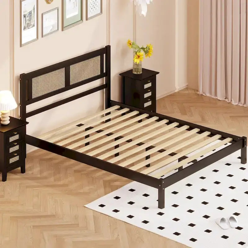 Full Size Wooden Platform Bed with Natural Rattan Headboard
