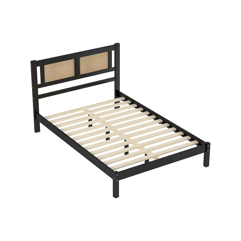Full Size Wooden Platform Bed with Natural Rattan Headboard