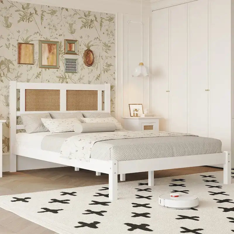 Full Size Wooden Platform Bed with Natural Rattan Headboard