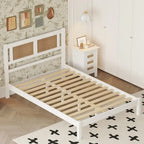 Full Size Wooden Platform Bed with Natural Rattan Headboard