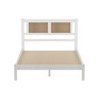 Full Size Wooden Platform Bed with Natural Rattan Headboard