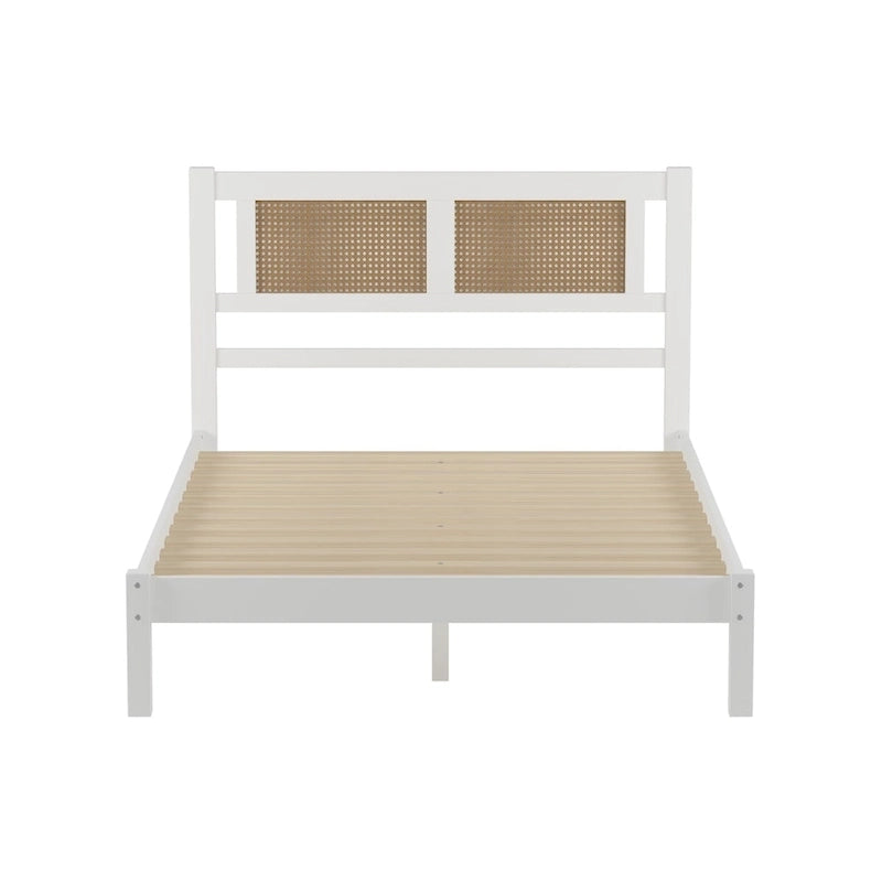 Full Size Wooden Platform Bed with Natural Rattan Headboard