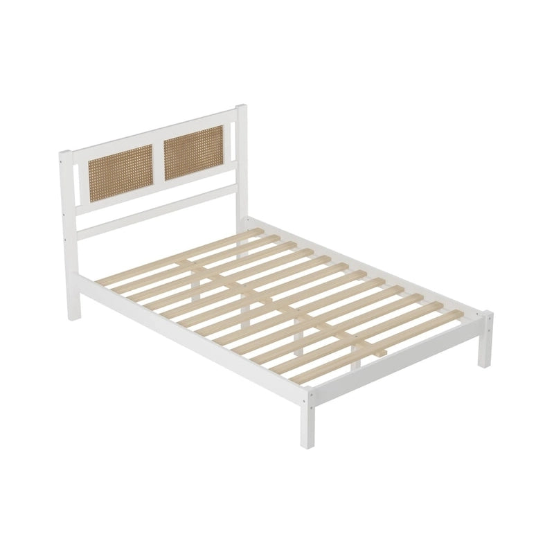 Full Size Wooden Platform Bed with Natural Rattan Headboard