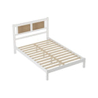 Full Size Wooden Platform Bed with Natural Rattan Headboard