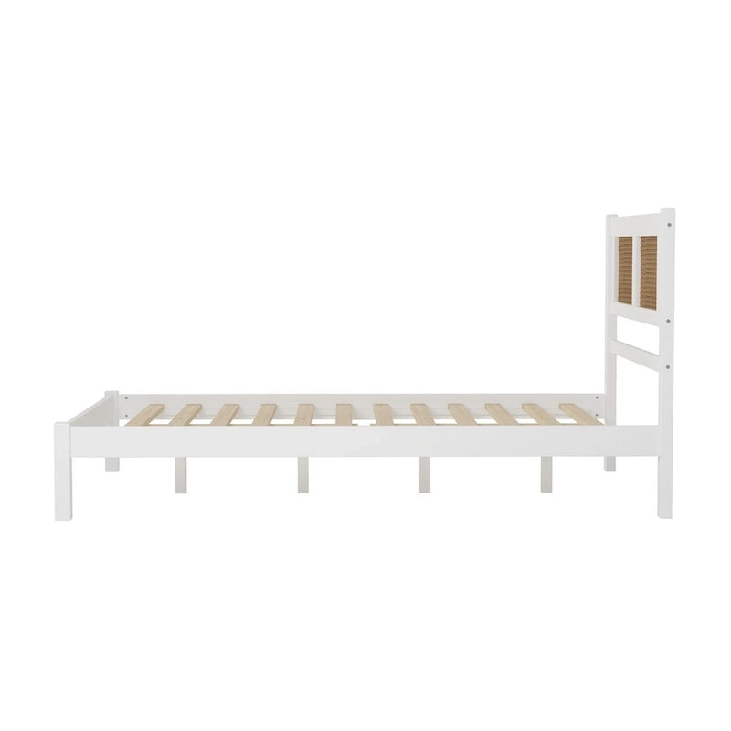 Full Size Wooden Platform Bed with Natural Rattan Headboard