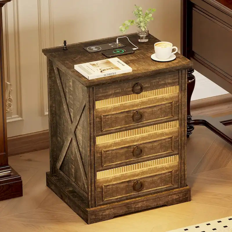 LED 2-Drawer Nightstand With Charging Station and Gun Drawer