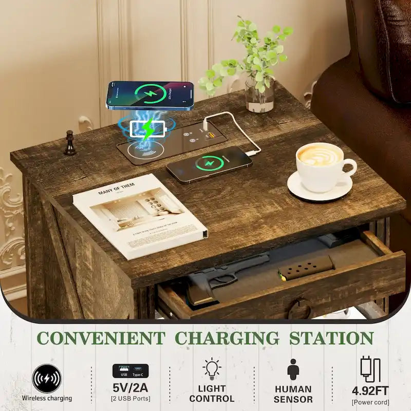 LED 2-Drawer Nightstand With Charging Station and Gun Drawer